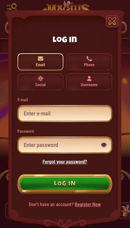 Magius Casino login screen